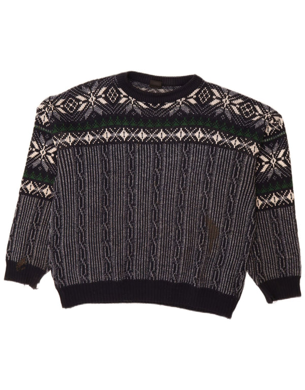 C & A Mens Boat Neck Jumper Sweater Large Navy Blue Fair Isle Polyacrylic