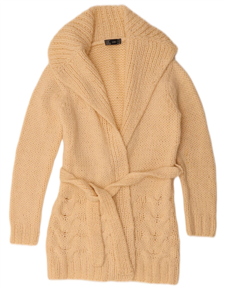 Suéter feminino Zara Longline Open Cardigan UK 14 Médio Bege Acrílico