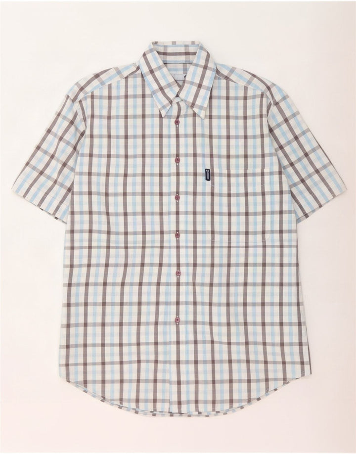 Sergio Tacchini Camisa masculina de manga curta pequena algodão xadrez multicolorido