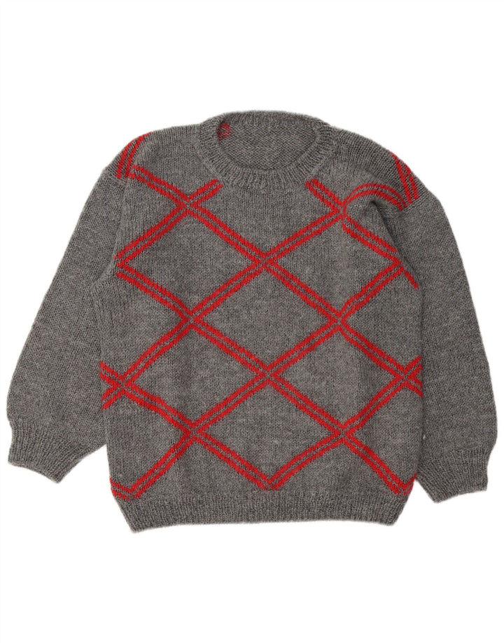 Suéter vintage masculino com gola redonda grande cinza geométrico
