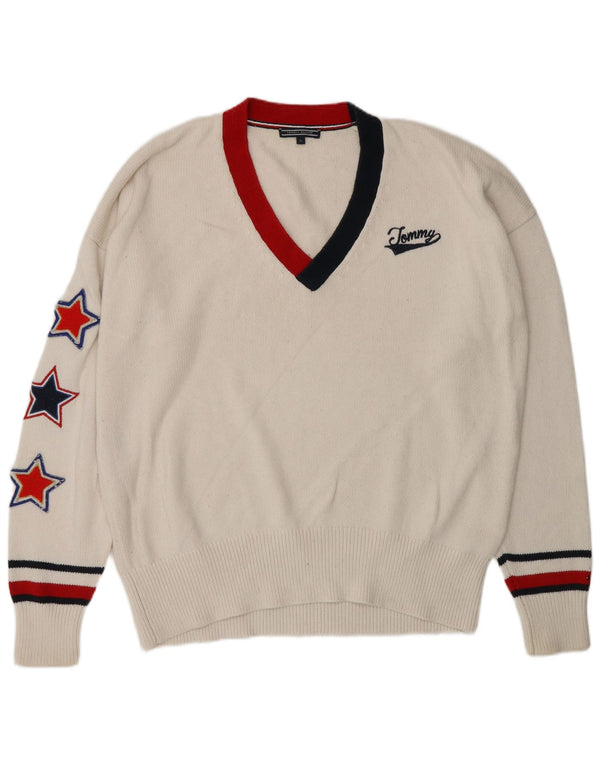 Tommy Hilfiger Suéter masculino gráfico com decote em V XL de algodão listrado branco