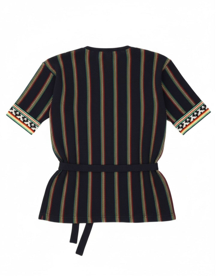 Suéter feminino vintage com decote em V Reino Unido 12 médio azul marinho listrado retrô