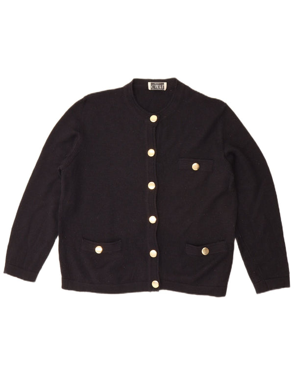 Suéter cardigã feminino vintage de grandes dimensões Reino Unido 10 lã azul marinho pequena