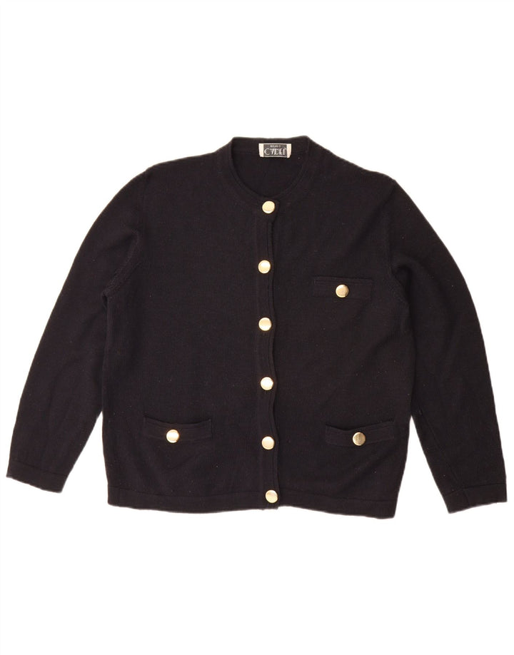 Suéter cardigã feminino vintage de grandes dimensões Reino Unido 10 lã azul marinho pequena
