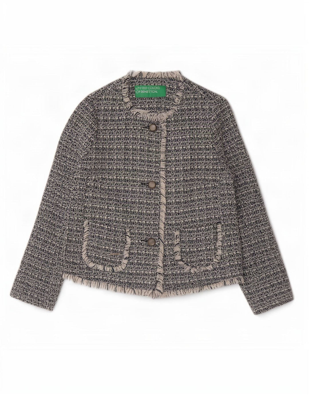 Jaqueta blazer feminina Benetton com 3 botões Reino Unido 8 pequeno algodão manchado azul marinho