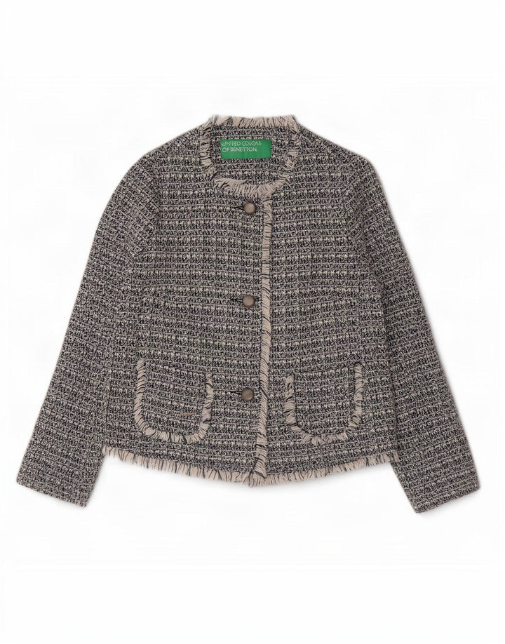Jaqueta blazer feminina Benetton com 3 botões Reino Unido 8 pequeno algodão manchado azul marinho