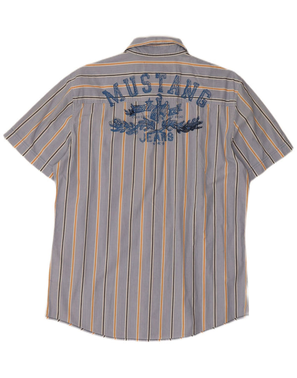 Camisa masculina Mustang de manga curta com listras azuis grandes de algodão