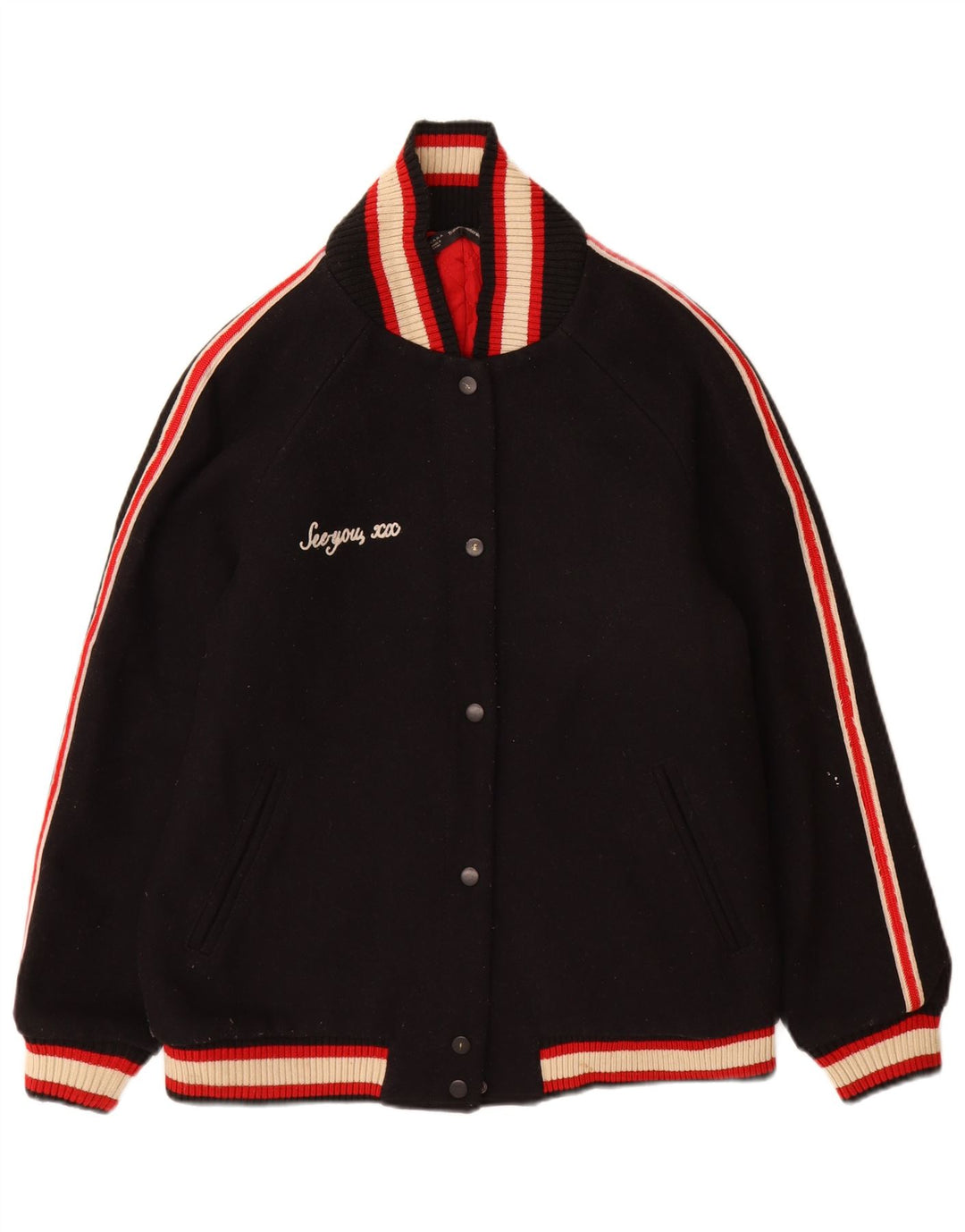 Jaqueta feminina Zara Trafaluc Graphic Varsity UK 16 grande bloco colorido preto