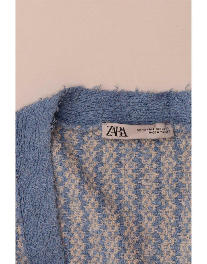 Suéter cardigã feminino grande Zara Reino Unido 14 algodão geométrico azul médio