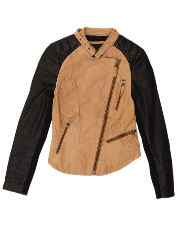 Jaqueta Zara Feminina Crop Faux Leather Racer Reino Unido 6 XS Bege Colourblock