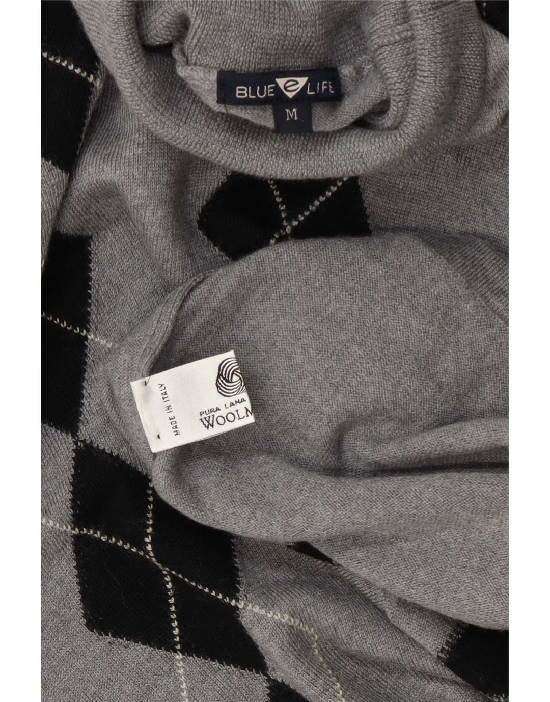 Suéter feminino vintage com gola redonda UK 14 cinza médio Argyle/Diamante