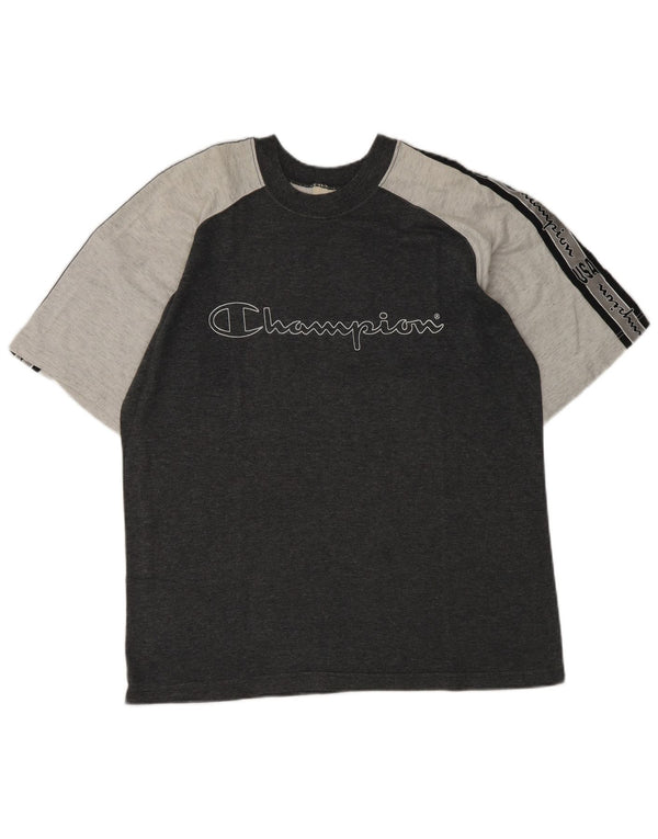 Camiseta masculina com estampa gráfica Champion pequeno algodão colorblock cinza