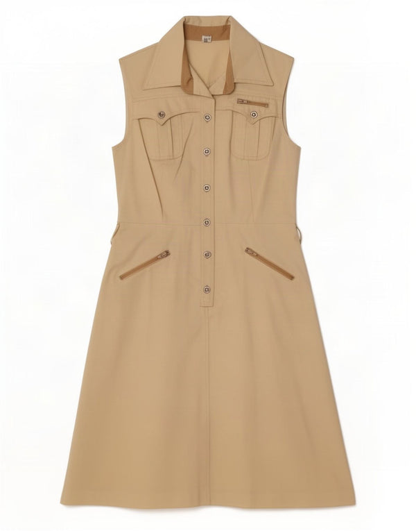 Vestido feminino vintage sem mangas evasê UK 12 poliéster bege médio