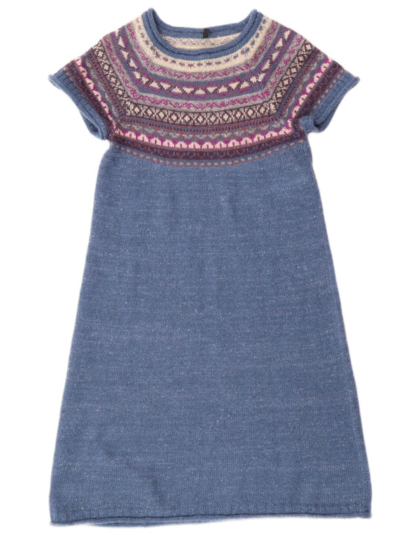 Benetton Womens Short Sleeves Jumper Dress UK 14 Large Blue Fair Isle