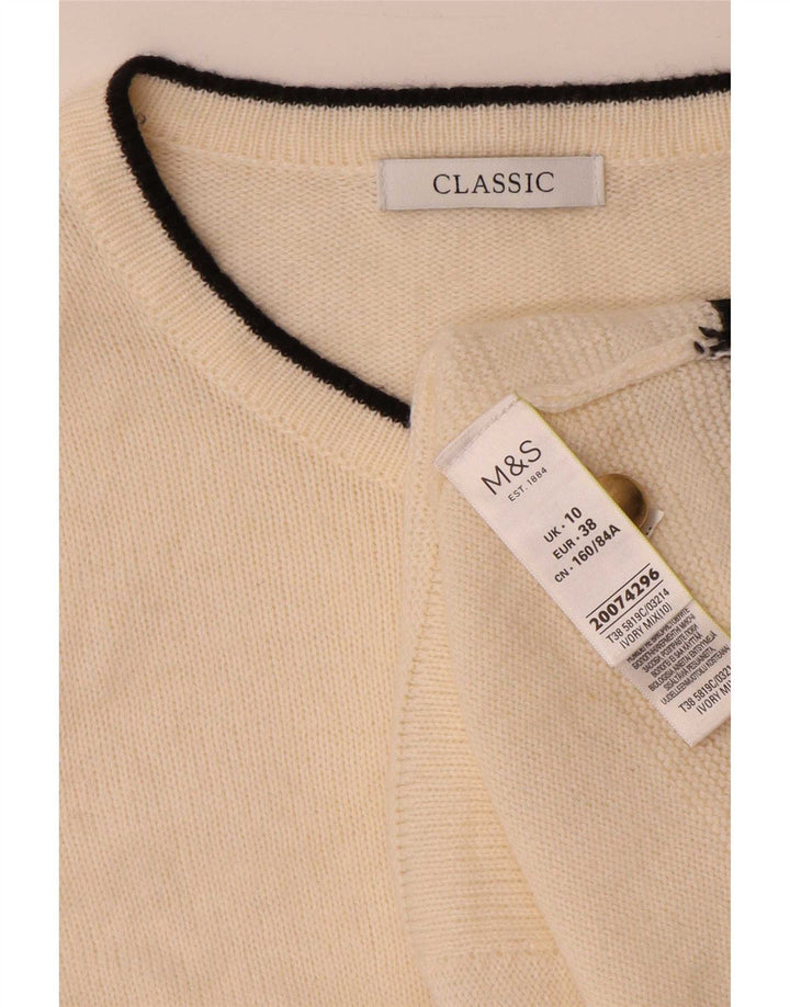 Suéter cardigã feminino Marks & Spencer UK 10 pequeno bloco colorido branco
