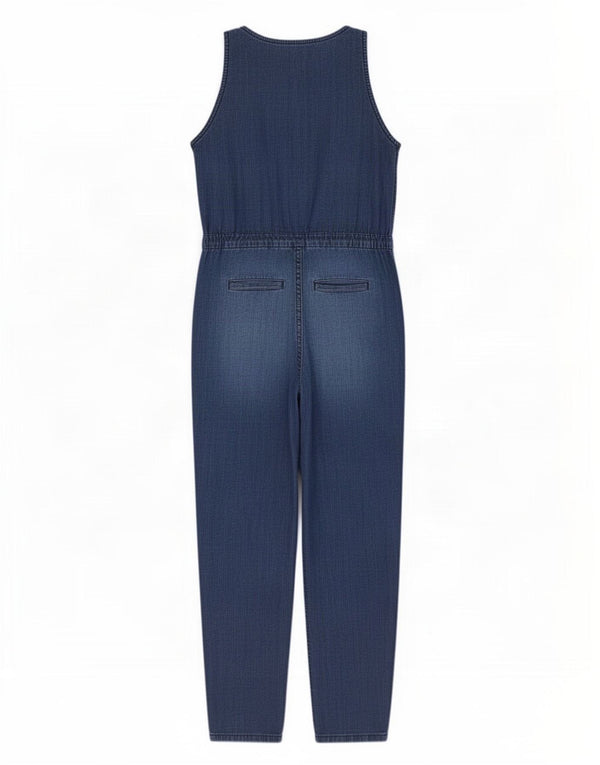 Macacão jeans feminino sem mangas Fat Face UK 10 pequeno W30 L26 algodão azul