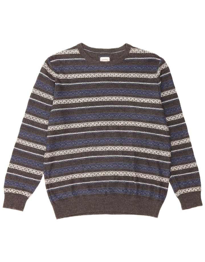 Suéter vintage masculino com gola redonda e algodão listrado cinza médio