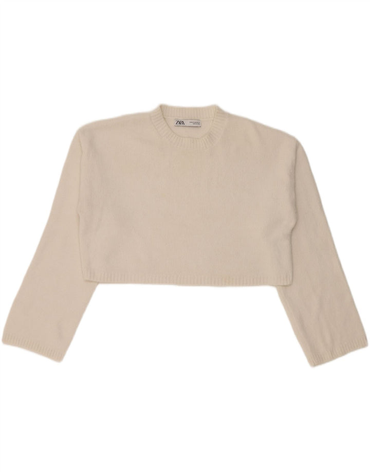 Suéter feminino Zara com gola redonda e gola redonda, Reino Unido 14, médio, branco, nylon