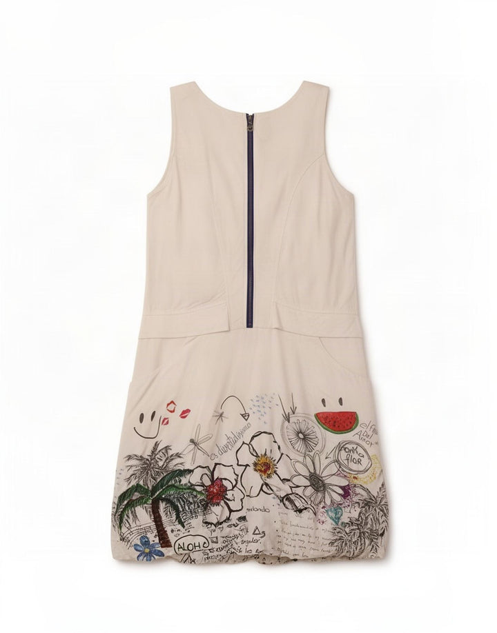 Vestido de verão feminino sem mangas Desigual EU 40 médio branco floral viscose