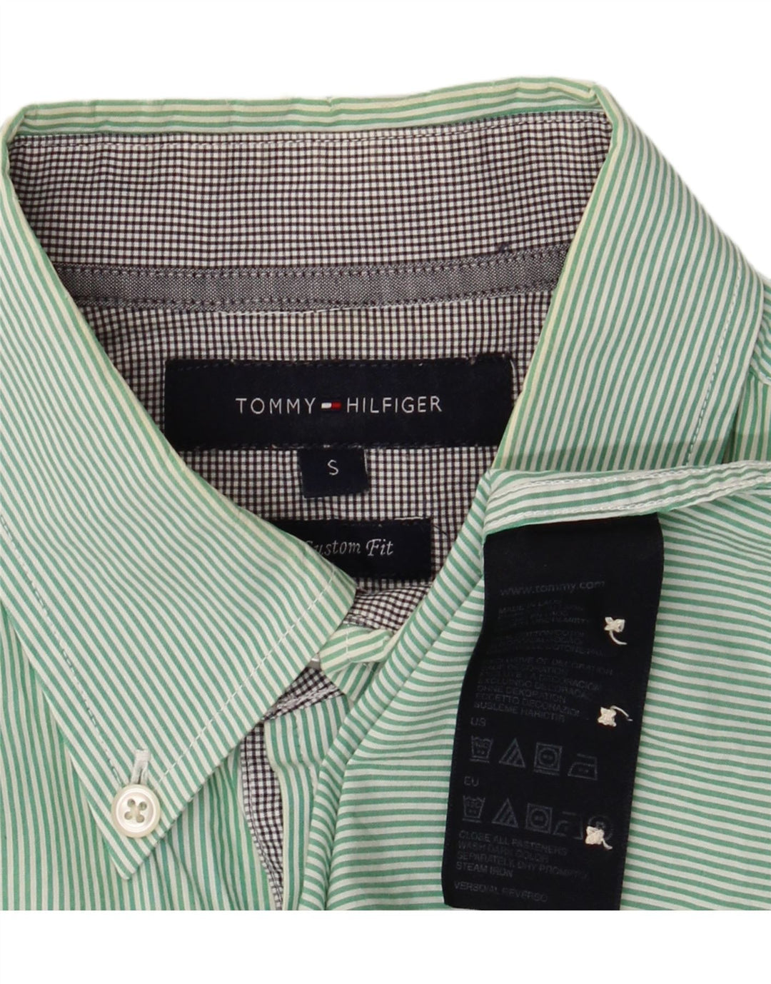 Camisa masculina Tommy Hilfiger Custom Fit pequena listrada verde de algodão