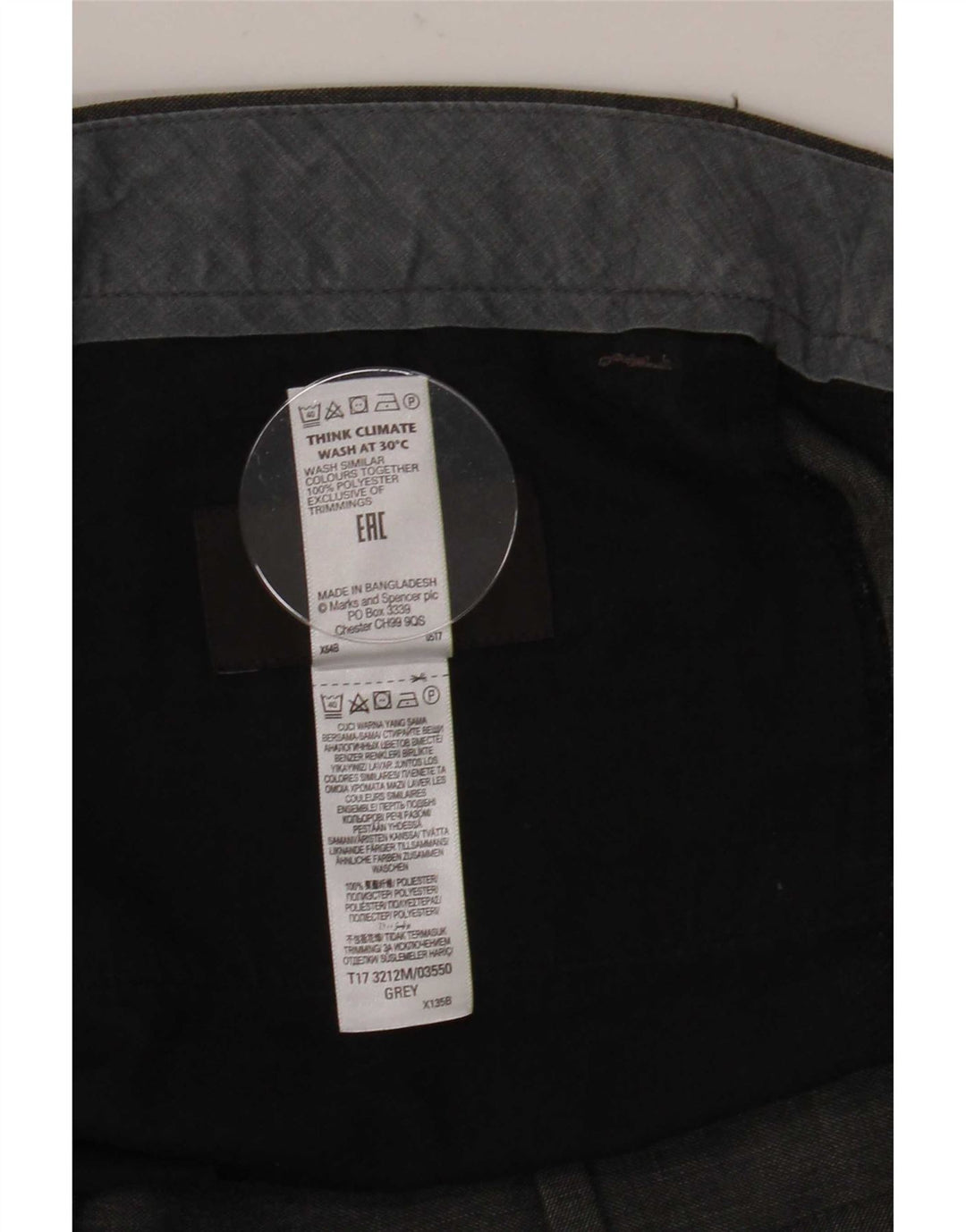 Calça masculina de terno regular cônico Marks & Spencer W36 L31 poliéster cinza