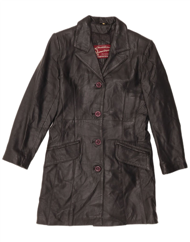 Casaco de couro feminino vintage Reino Unido 12 couro preto médio