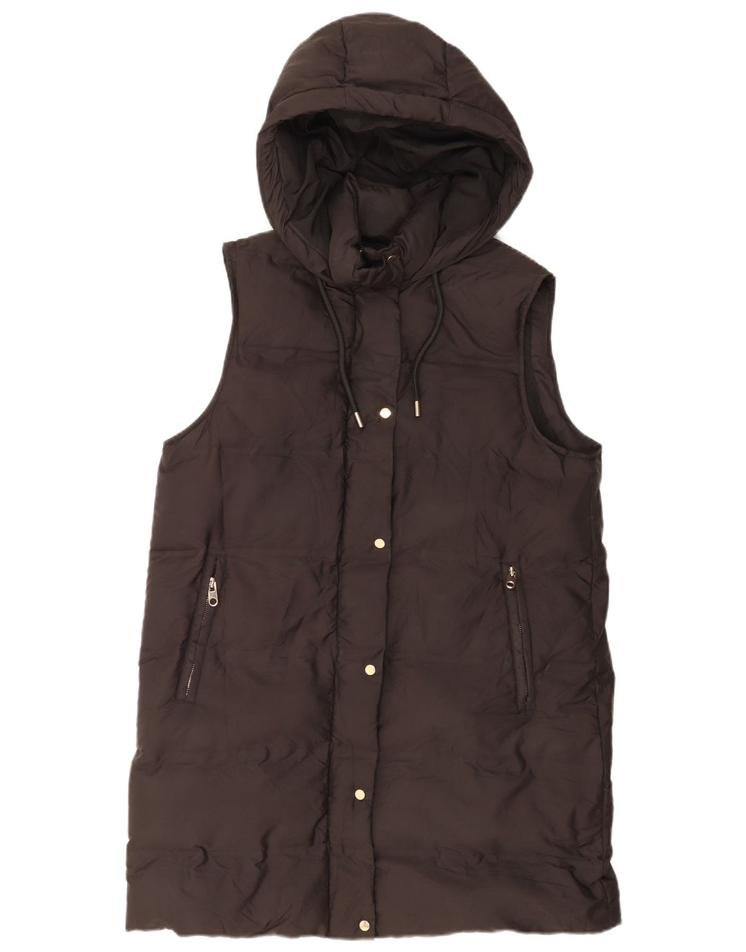 Casaco feminino Zara com capuz sem mangas acolchoado Reino Unido 16 grande poliéster preto