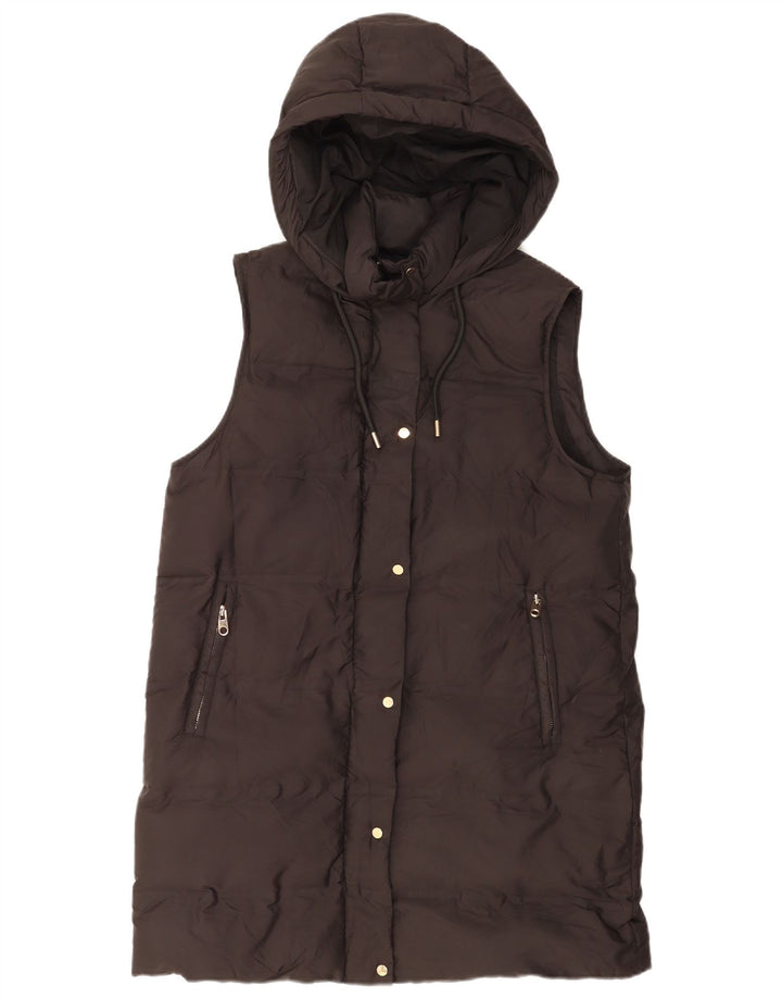 Casaco feminino Zara com capuz sem mangas acolchoado Reino Unido 16 grande poliéster preto