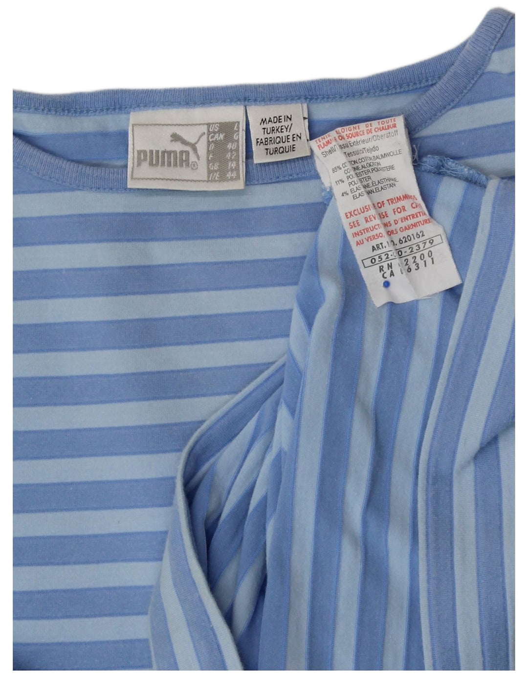 Top curto feminino PUMA manga 3/4 Reino Unido 14 algodão listrado azul médio