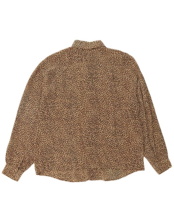 Blusa feminina vintage Reino Unido 14 seda estampa animal marrom médio