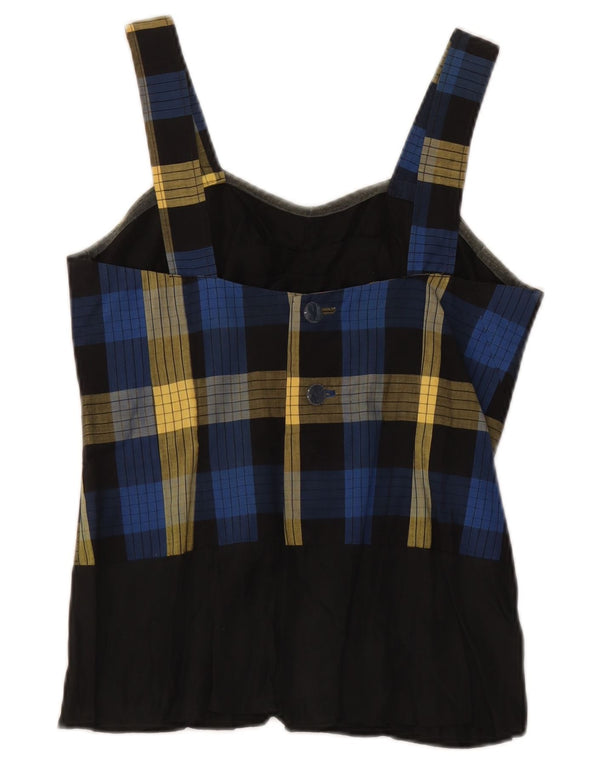 Blusa feminina vintage sem mangas, top UK 10 xadrez azul pequeno