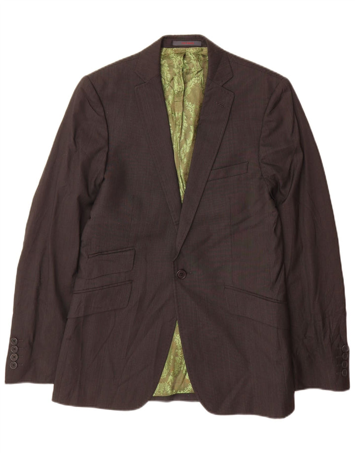 Jaqueta blazer masculina Ted Baker com 1 botão tamanho 38 lã listrada cinza médio