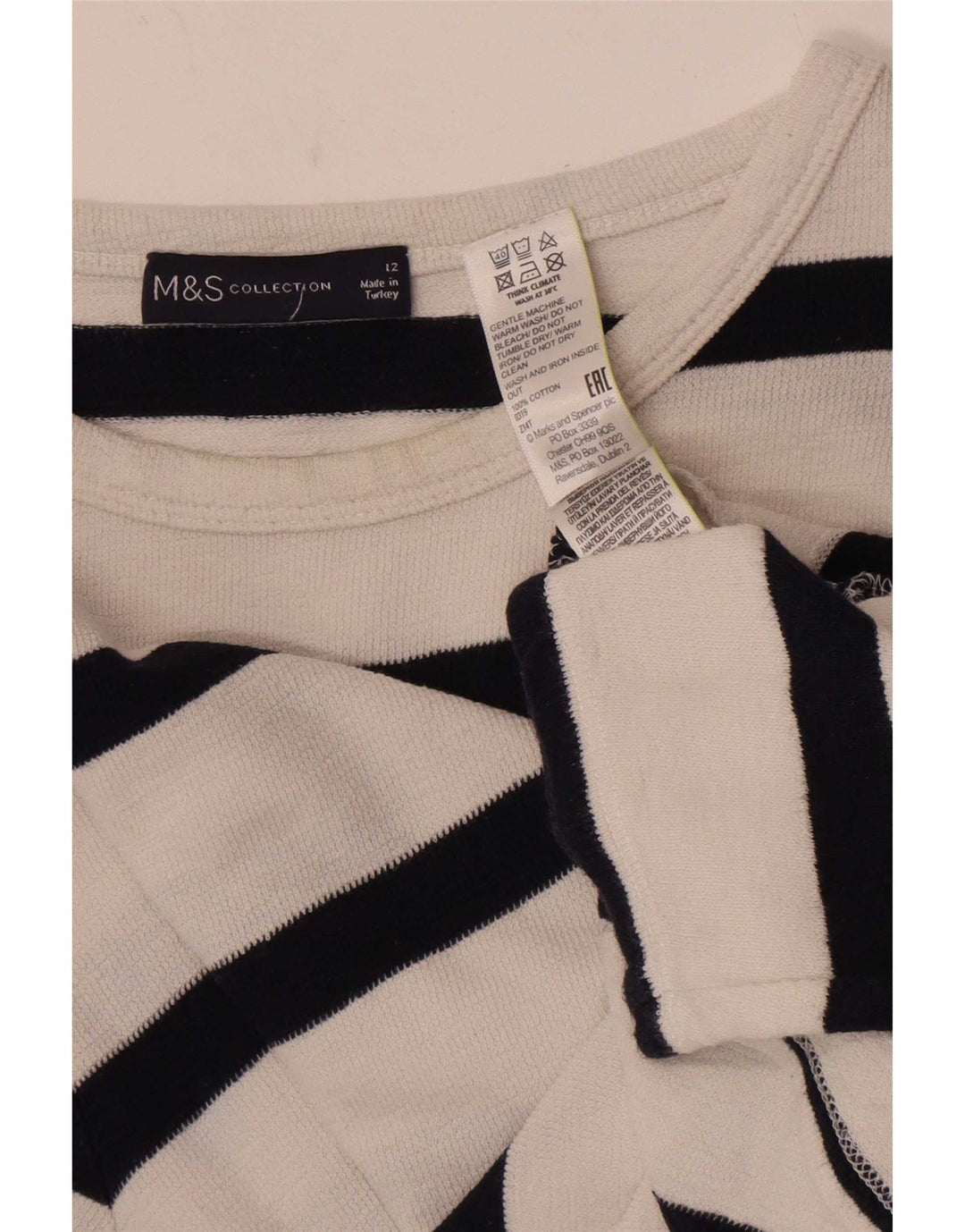 Top feminino Marks & Spencer manga comprida Reino Unido 12 algodão listrado branco médio