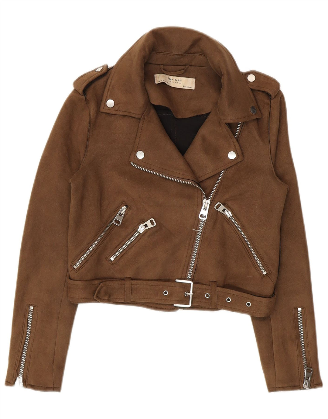 Zara Womens Crop Biker Jacket UK 6 XS Marrom