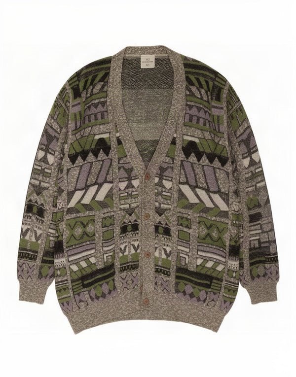 Suéter Cardigan Masculino Vintage 3XL Cinza Geométrico
