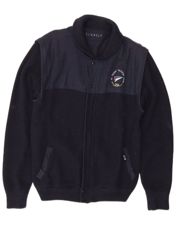 Loli Wolf Suéter masculino Yachting Cardigan médio azul marinho lã colorblock