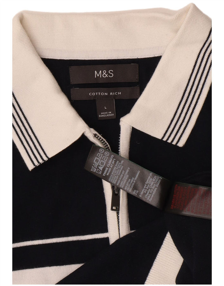 Camisa pólo masculina Marks & Spencer grande algodão listrado azul marinho