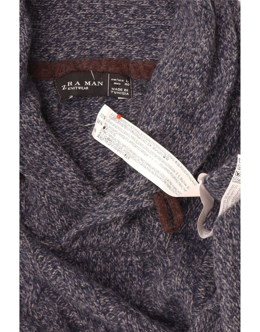 Zara Suéter masculino com gola xale grande lã manchada azul marinho
