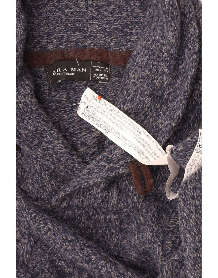 Zara Suéter masculino com gola xale grande lã manchada azul marinho