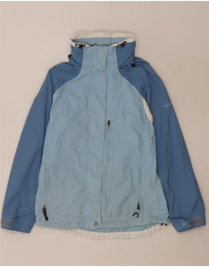 Jaqueta de chuva feminina com capuz grande Columbia UK 10 pequeno bloco colorido azul