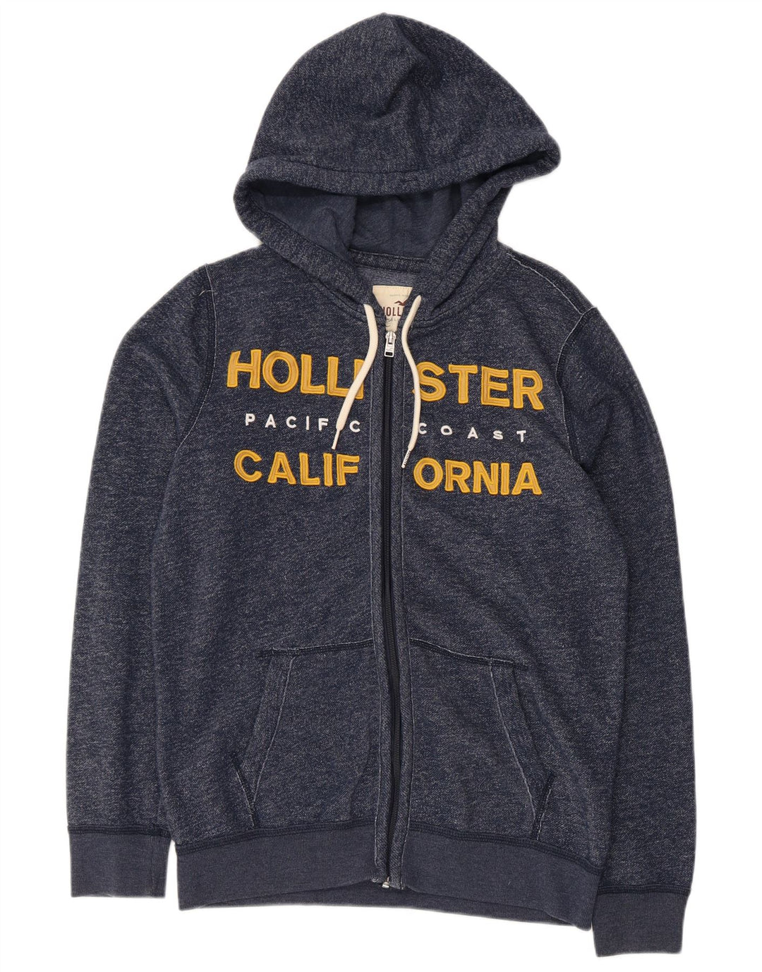 HOLLISTER Suéter masculino com capuz e zíper gráfico pequeno algodão manchado azul marinho