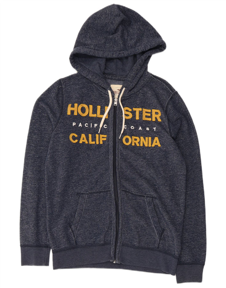 HOLLISTER Suéter masculino com capuz e zíper gráfico pequeno algodão manchado azul marinho