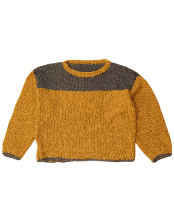 Suéter feminino vintage com gola canoa UK 12 bloco colorido amarelo médio