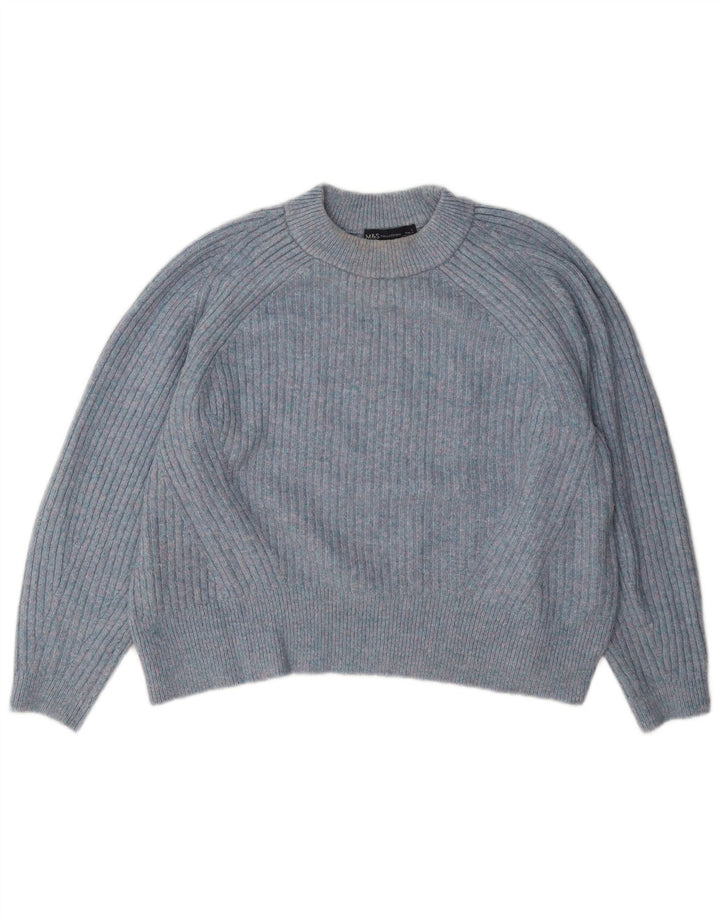 Suéter feminino Marks & Spencer com gola tartaruga Reino Unido 14 grande azul manchado