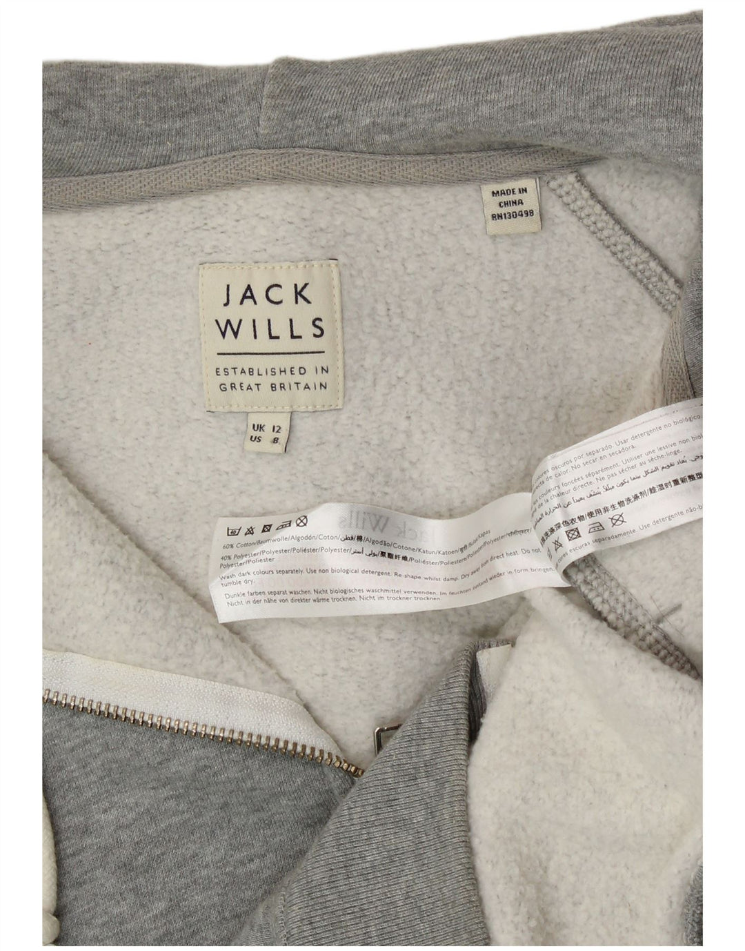 Suéter feminino com capuz e zíper gráfico Jack Wills Reino Unido 12 algodão cinza médio