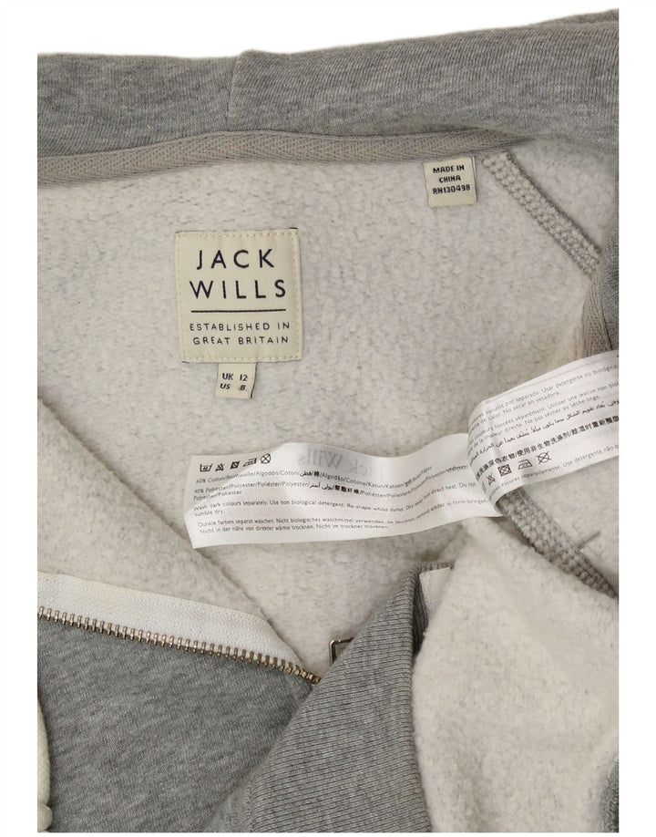 Suéter feminino com capuz e zíper gráfico Jack Wills Reino Unido 12 algodão cinza médio