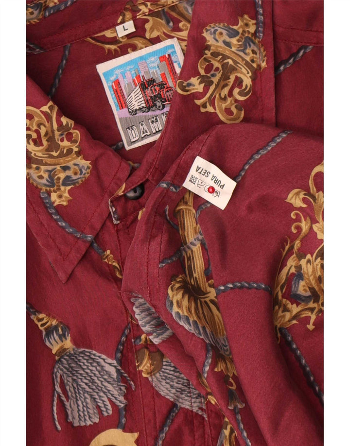 Camisa masculina vintage com padrão abstrato grande seda vermelha