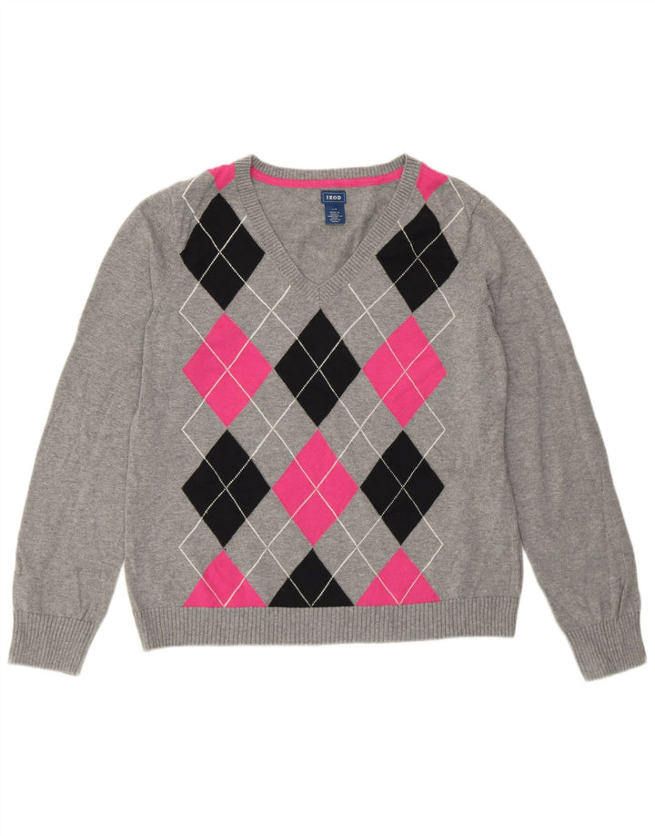Suéter feminino Izod com decote em V Reino Unido 14 grande cinza argyle/diamante