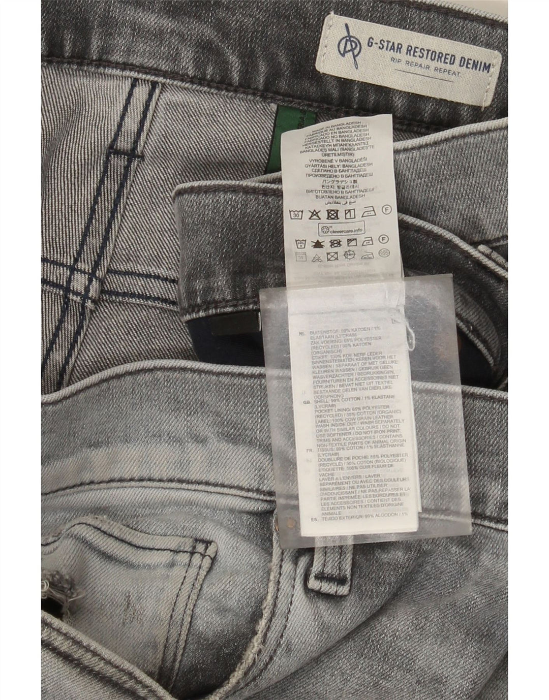 G-Star masculino 3301 jeans slim desgastado W36 L36 algodão cinza