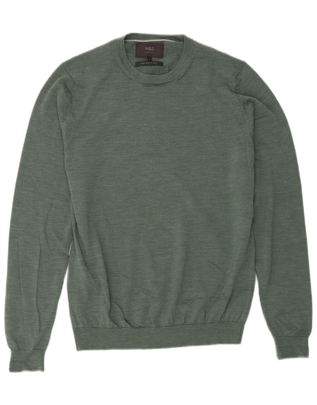 Suéter masculino Marks & Spencer com gola redonda, lã merino verde médio